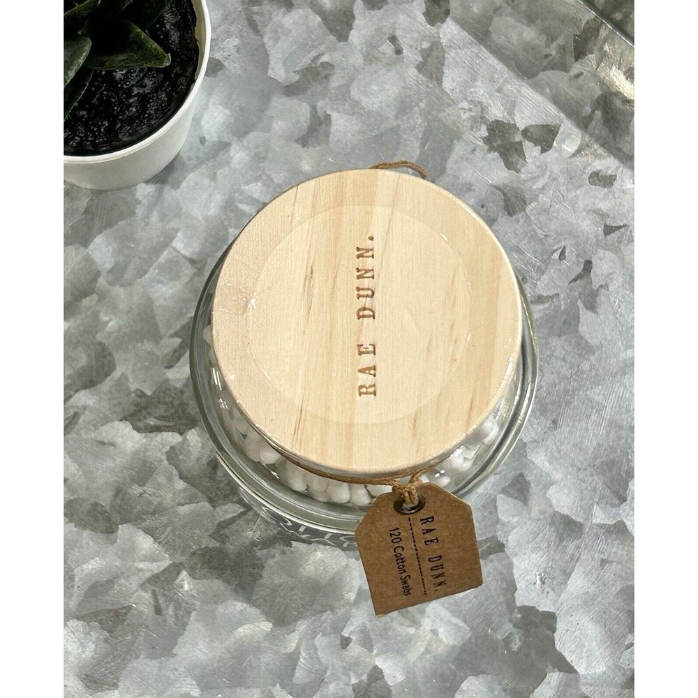 RAE DUNN Cotton Swabs Glass Jar w/ Wood Lid 120 Cotton Swabs Q-Tips Jar NEW - Picture 2 of 3